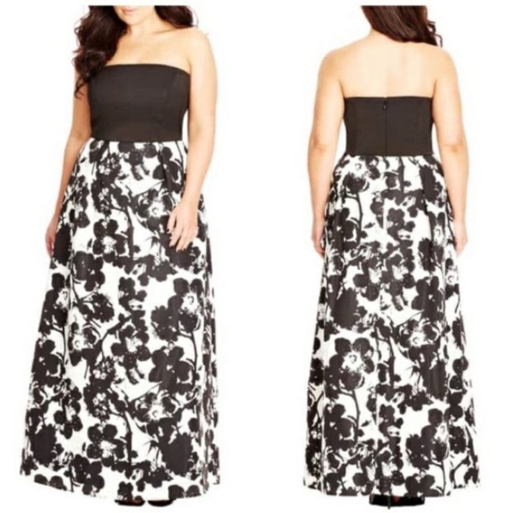 City Chic Elegant Black and White Floral Strapless Dress